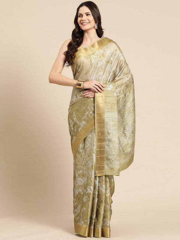 Olive Silk Blend Digital Print Floral Saree with Unstitched Blouse - Hiral Fashion | Swadesiicart