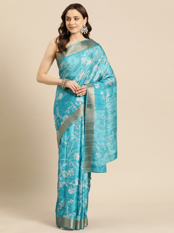 Turquoise Silk Blend Digital Print Floral Saree with Unstitched Blouse - Hiral Fashion | Swadesiicart