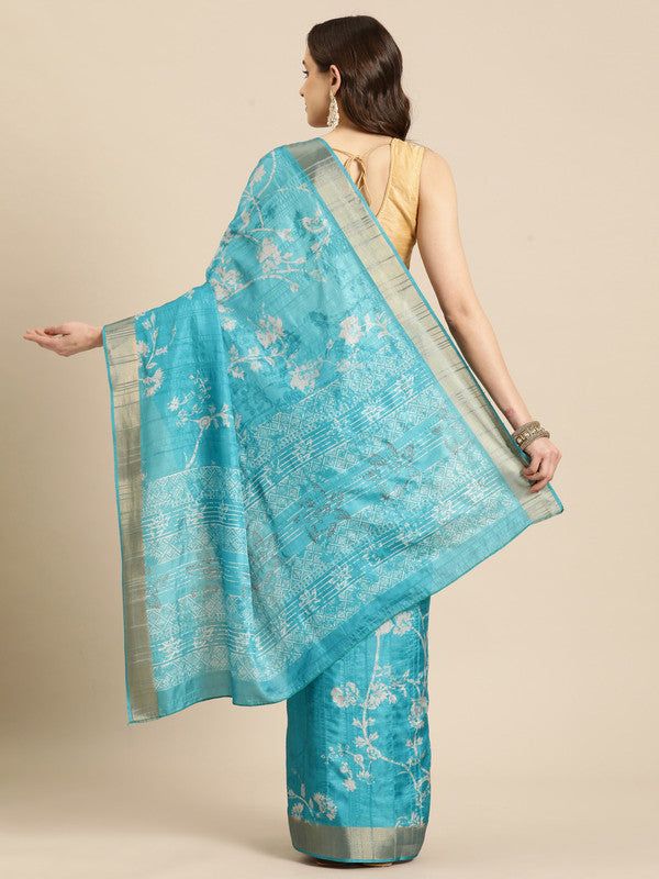 Turquoise Silk Blend Digital Print Floral Saree with Unstitched Blouse - Hiral Fashion | Swadesiicart