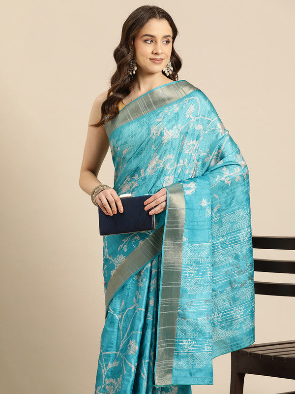 Turquoise Silk Blend Digital Print Floral Saree with Unstitched Blouse - Hiral Fashion | Swadesiicart