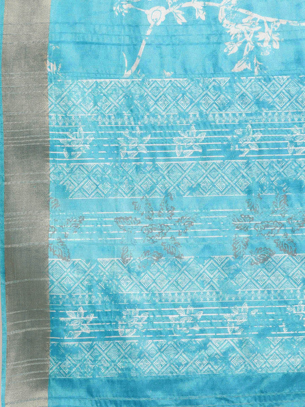 Turquoise Silk Blend Digital Print Floral Saree with Unstitched Blouse - Hiral Fashion | Swadesiicart