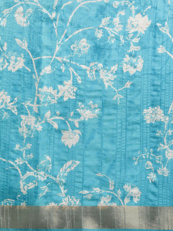 Turquoise Silk Blend Digital Print Floral Saree with Unstitched Blouse - Hiral Fashion | Swadesiicart