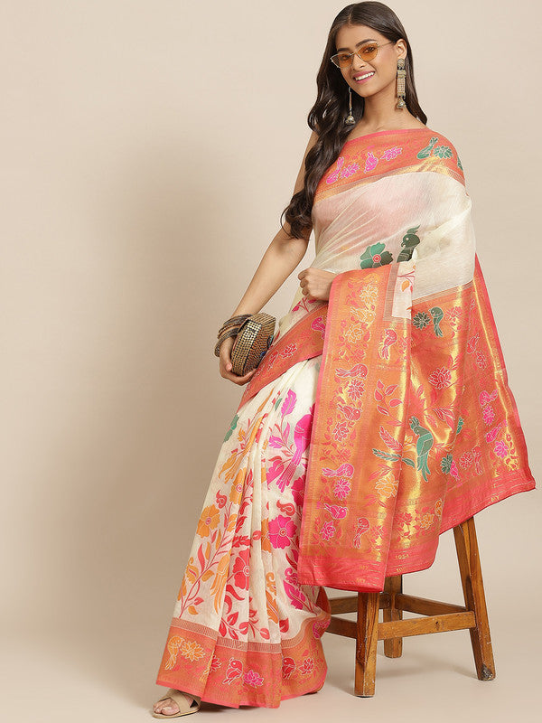 Off White Pure Cotton Woven Zari Design Paisley Saree with Unstitched Blouse - Hiral Fashion | Swadesiicart