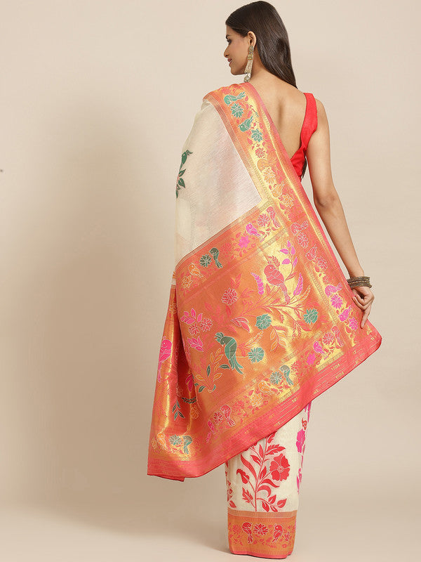 Off White Pure Cotton Woven Zari Design Paisley Saree with Unstitched Blouse - Hiral Fashion | Swadesiicart