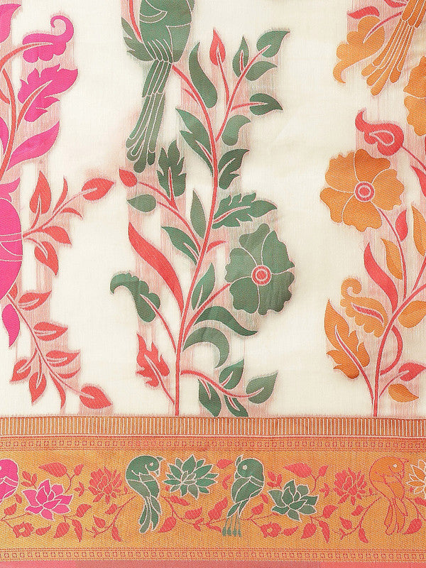 Off White Pure Cotton Woven Zari Design Paisley Saree with Unstitched Blouse - Hiral Fashion | Swadesiicart