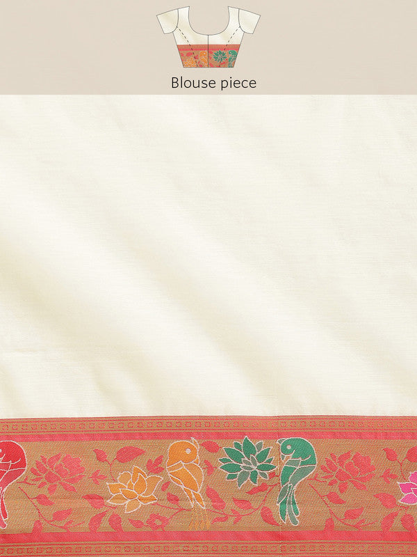 Off White Pure Cotton Woven Zari Design Paisley Saree with Unstitched Blouse - Hiral Fashion | Swadesiicart