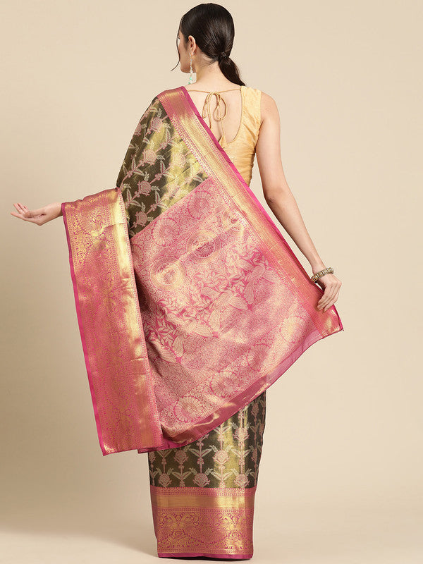 Black Brocade Zari Woven Floral Saree with Unstitched Blouse - Hiral Fashion | Swadesiicart
