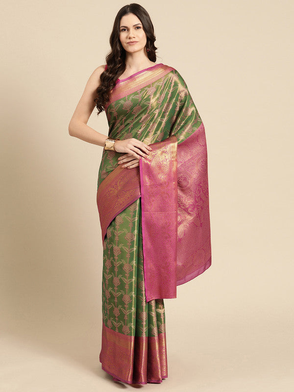 Green Brocade Zari Woven Floral Saree with Unstitched Blouse - Hiral Fashion | Swadesiicart