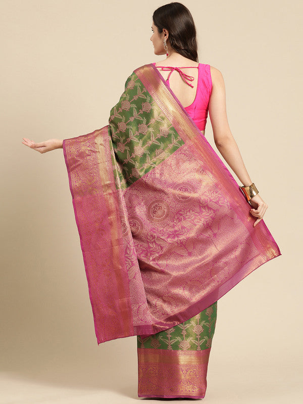 Green Brocade Zari Woven Floral Saree with Unstitched Blouse - Hiral Fashion | Swadesiicart