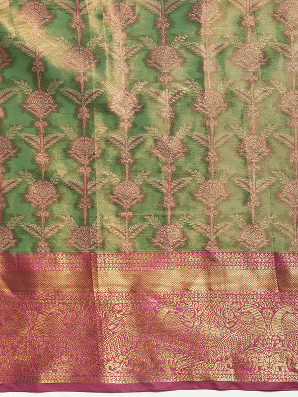 Green Brocade Zari Woven Floral Saree with Unstitched Blouse - Hiral Fashion | Swadesiicart