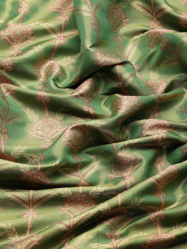 Green Brocade Zari Woven Floral Saree with Unstitched Blouse - Hiral Fashion | Swadesiicart
