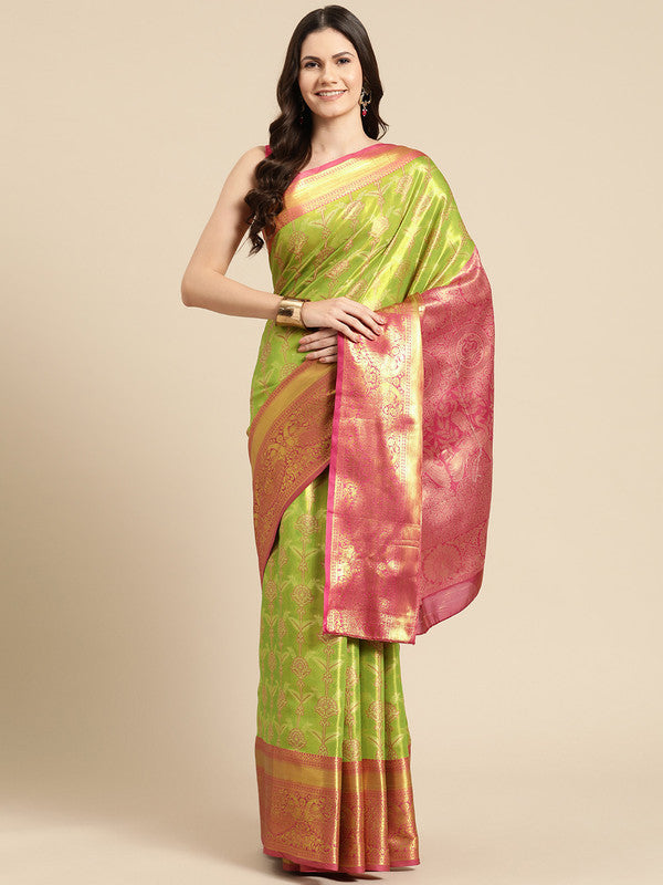 Green Brocade Zari Woven Floral Saree with Unstitched Blouse - Hiral Fashion | Swadesiicart