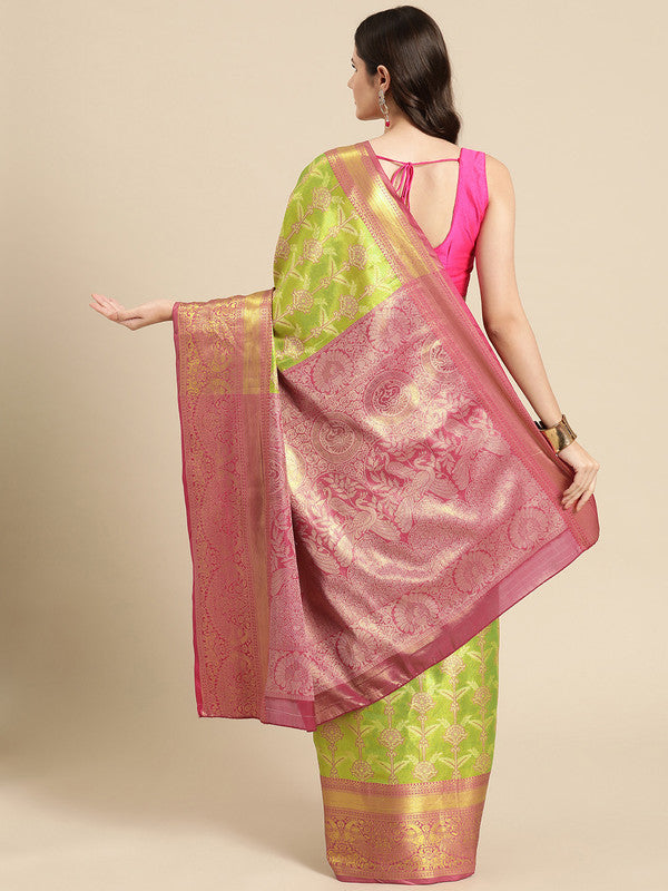 Green Brocade Zari Woven Floral Saree with Unstitched Blouse - Hiral Fashion | Swadesiicart