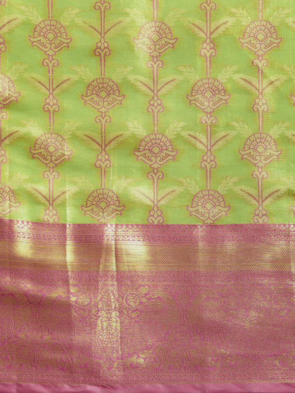 Green Brocade Zari Woven Floral Saree with Unstitched Blouse - Hiral Fashion | Swadesiicart
