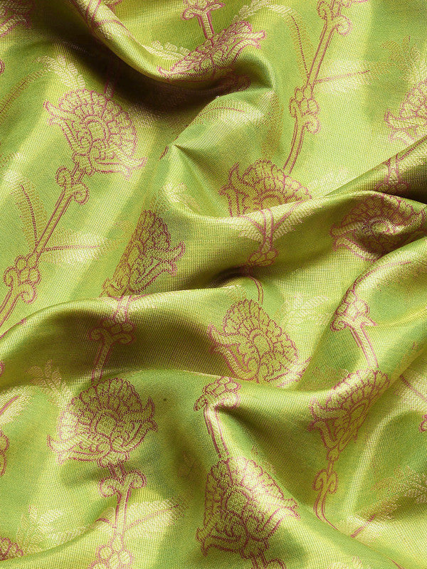 Green Brocade Zari Woven Floral Saree with Unstitched Blouse - Hiral Fashion | Swadesiicart