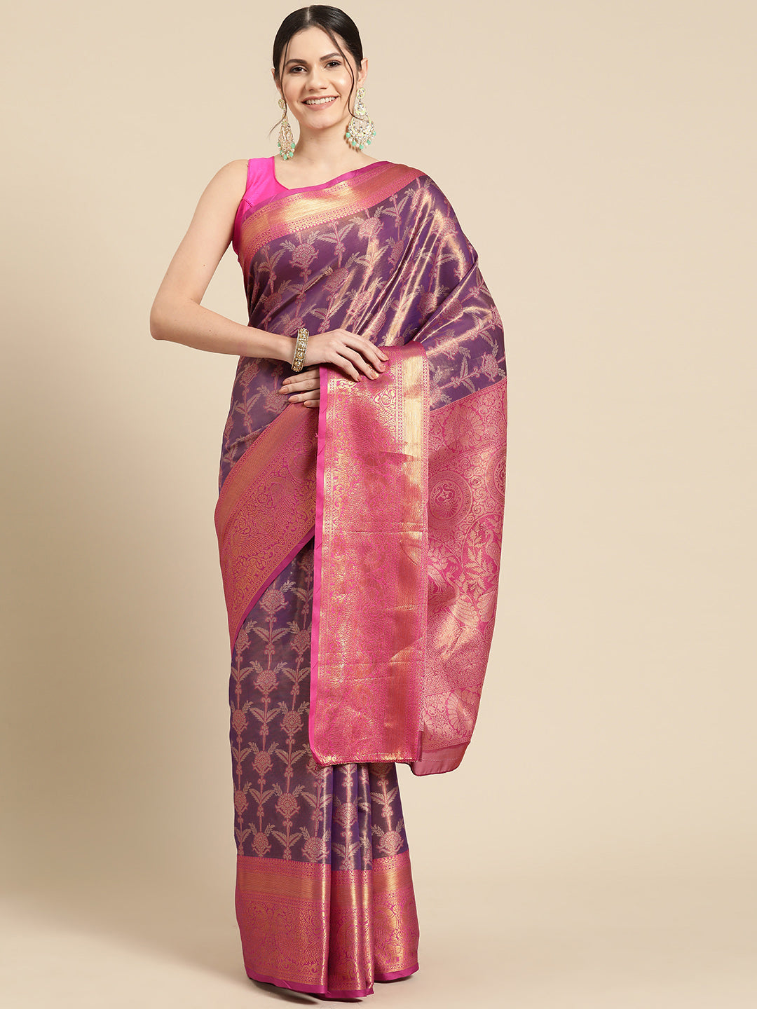 Purple Brocade Zari Woven Floral Saree with Unstitched Blouse - Hiral Fashion | Swadesiicart