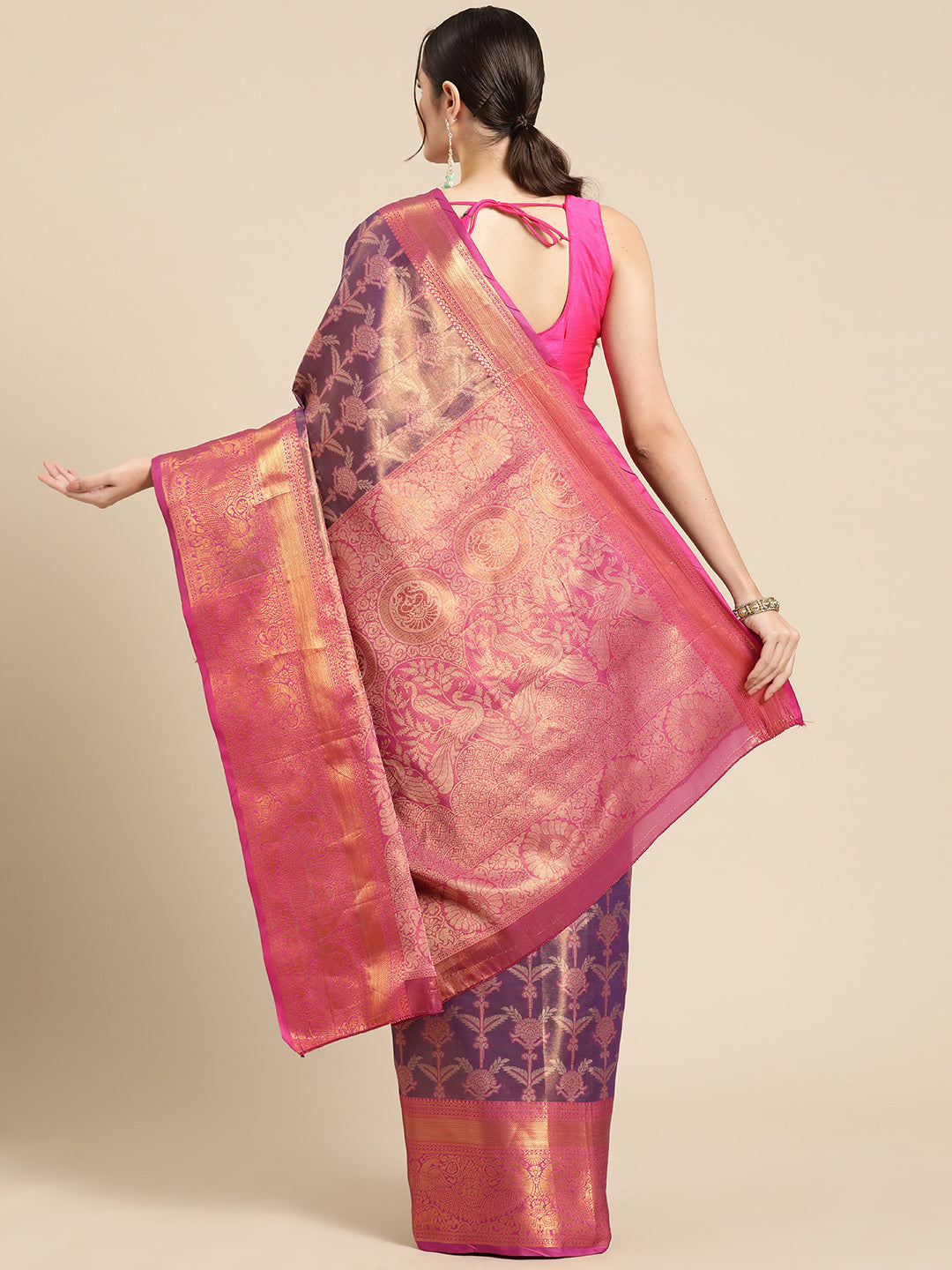 Purple Brocade Zari Woven Floral Saree with Unstitched Blouse - Hiral Fashion | Swadesiicart