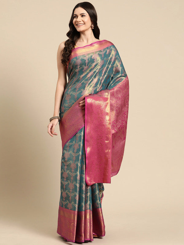 Turquoise Brocade Zari Woven Floral Saree with Unstitched Blouse - Hiral Fashion | Swadesiicart