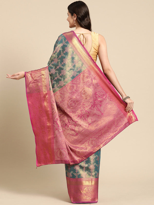 Turquoise Brocade Zari Woven Floral Saree with Unstitched Blouse - Hiral Fashion | Swadesiicart