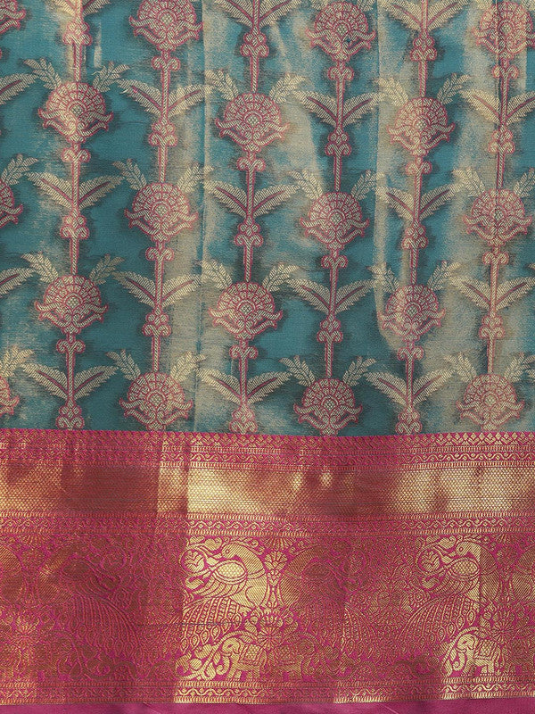 Turquoise Brocade Zari Woven Floral Saree with Unstitched Blouse - Hiral Fashion | Swadesiicart