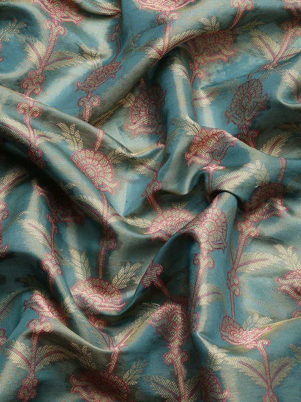 Turquoise Brocade Zari Woven Floral Saree with Unstitched Blouse - Hiral Fashion | Swadesiicart