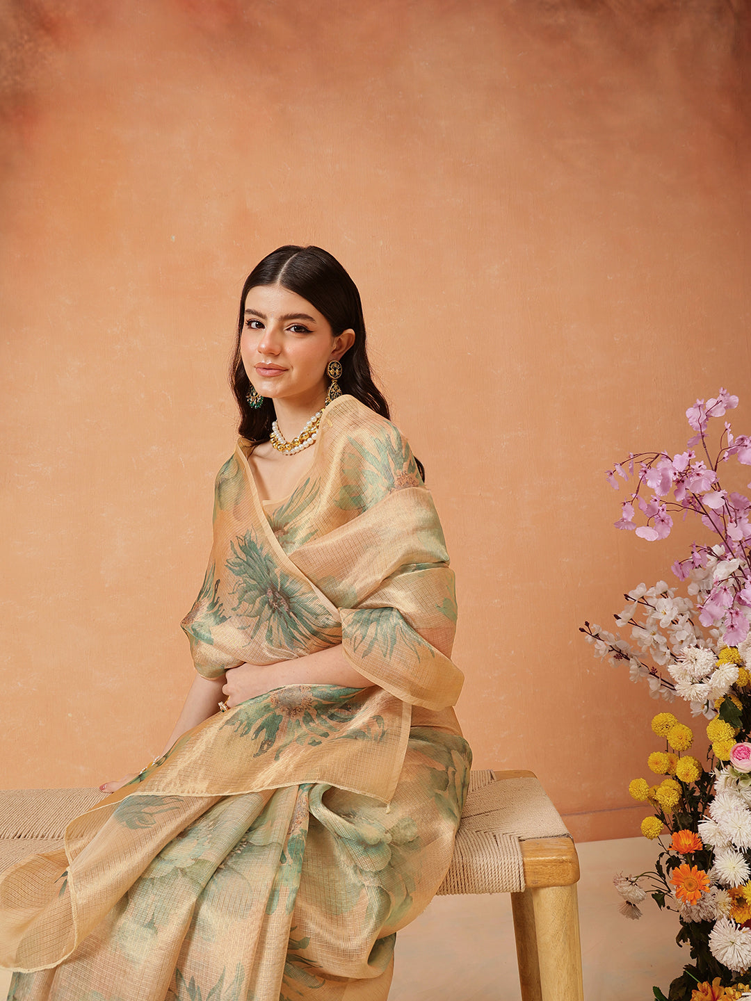 Hiral Fashion Beige Bollywood Cotton Tissue Floral Digital Printed Saree | Swadesiicart
