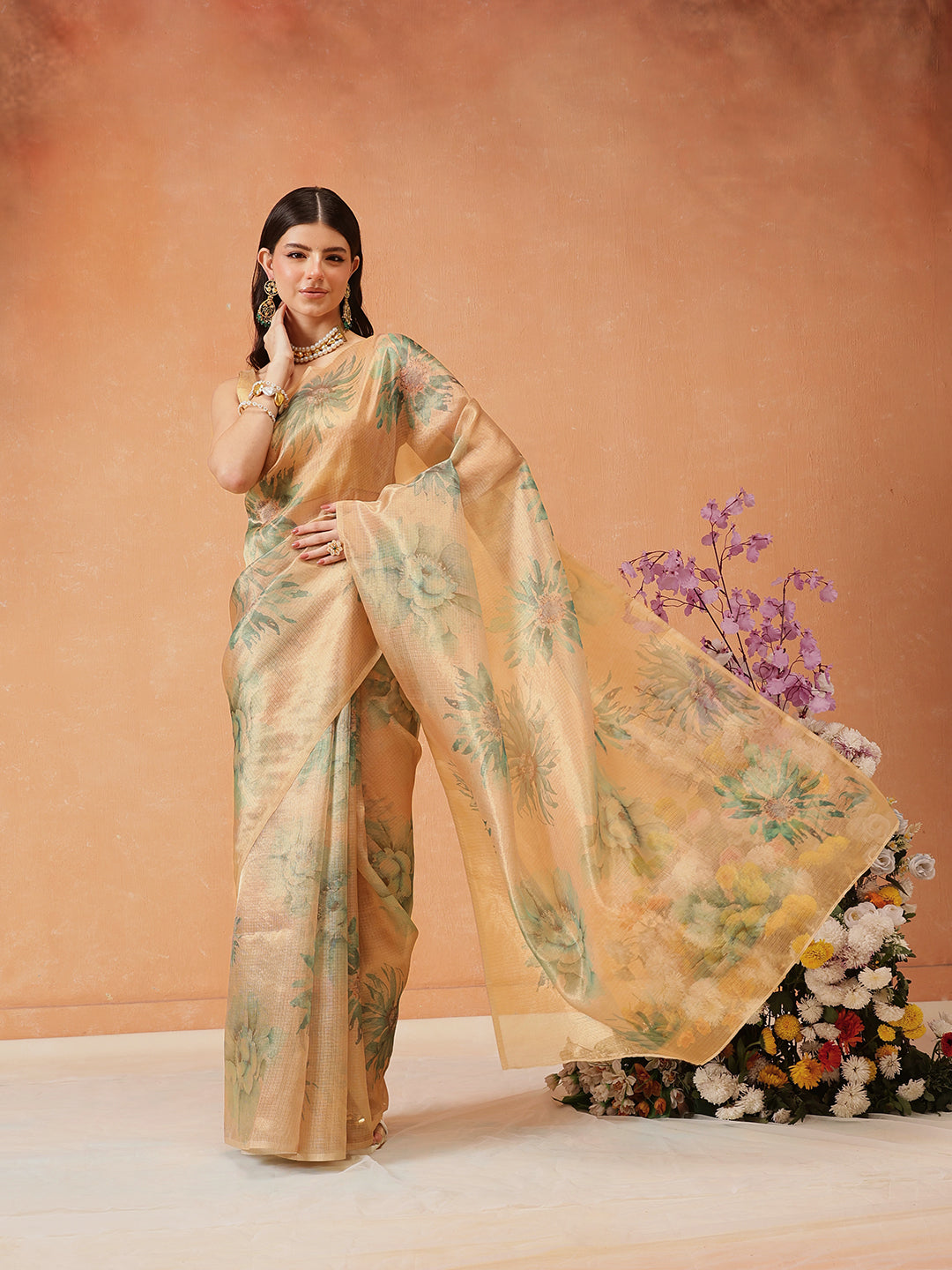 Hiral Fashion Beige Bollywood Cotton Tissue Floral Digital Printed Saree | Swadesiicart