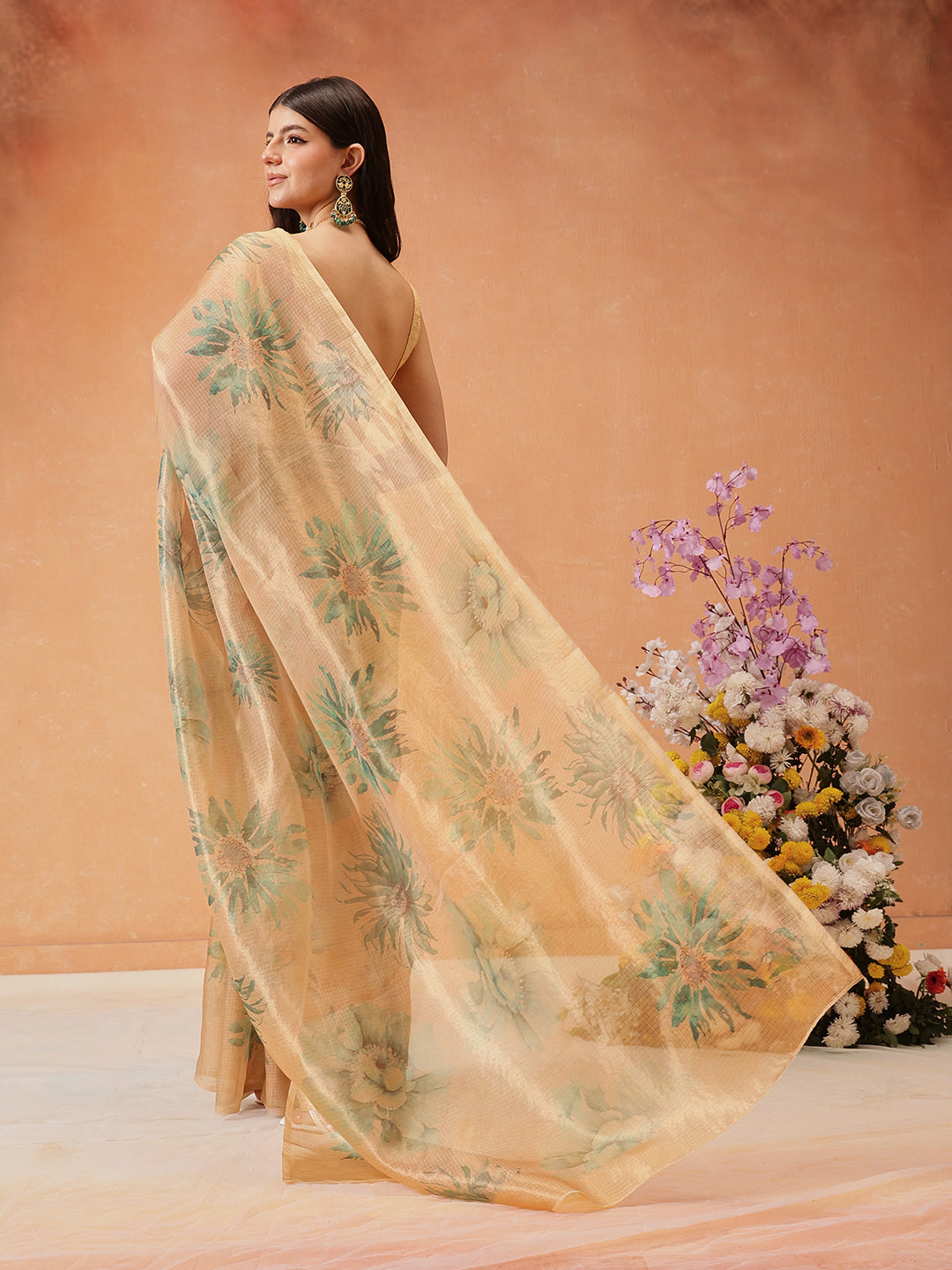 Hiral Fashion Beige Bollywood Cotton Tissue Floral Digital Printed Saree | Swadesiicart