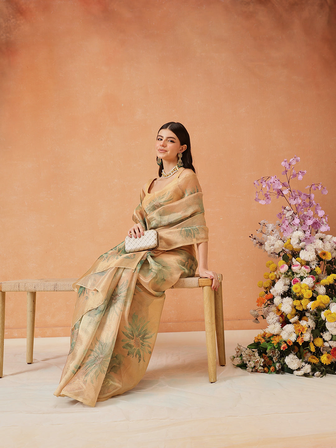 Hiral Fashion Beige Bollywood Cotton Tissue Floral Digital Printed Saree | Swadesiicart