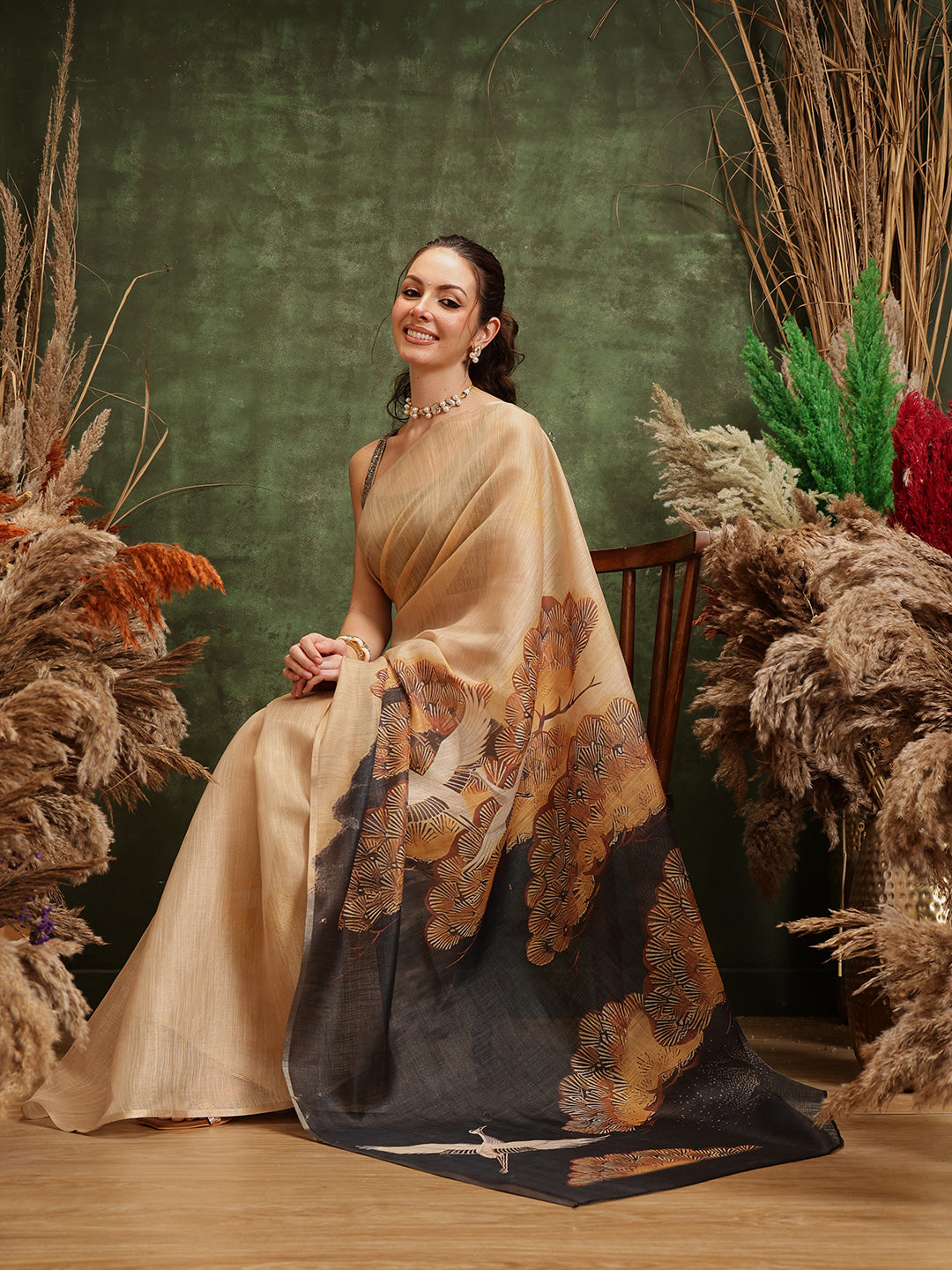 Hiral Fashion Beige Bollywood Cotton Tissue Floral Digital Printed Saree | Swadesiicart