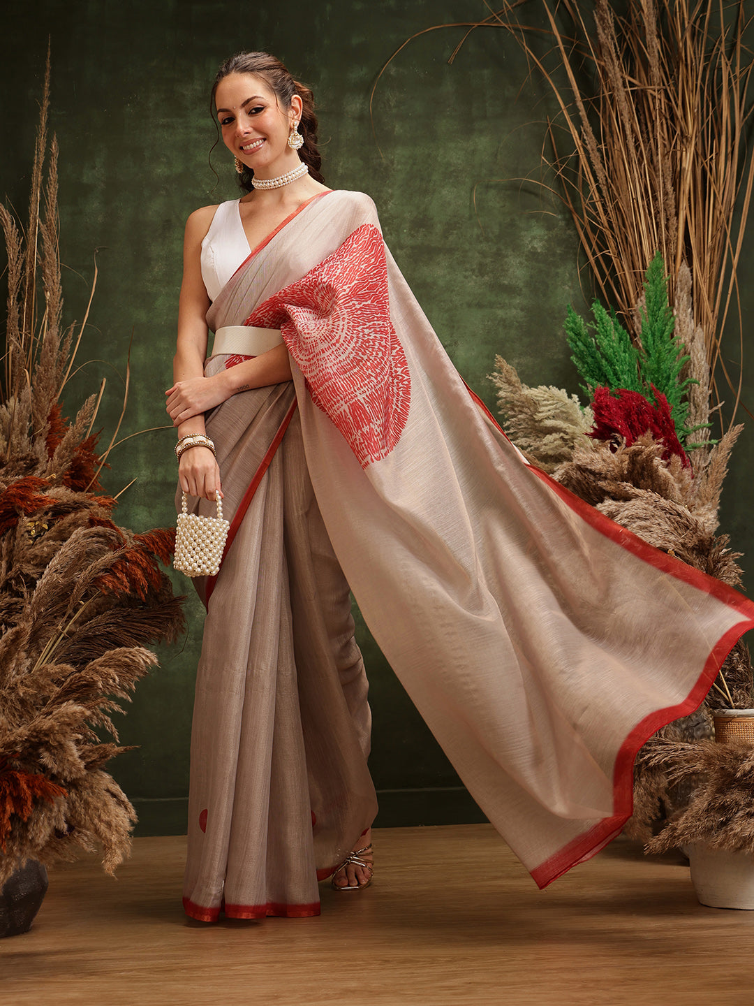 Hiral Fashion Cream Bollywood Cotton Tissue Solid Digital Printed Saree | Swadesiicart