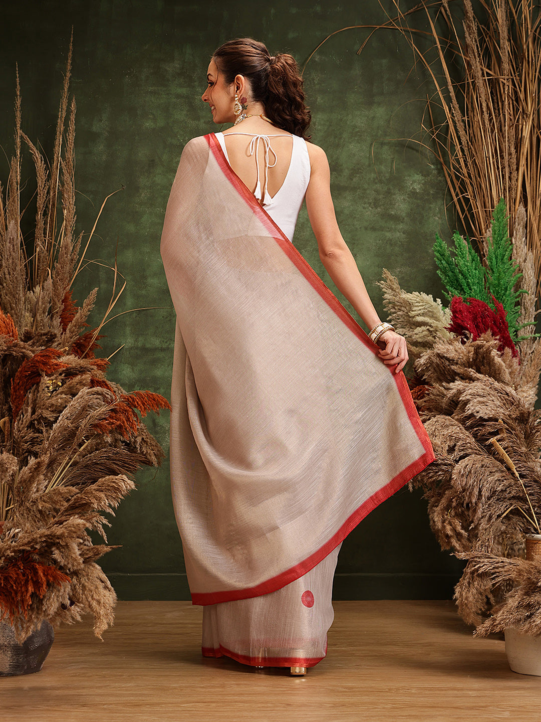 Hiral Fashion Cream Bollywood Cotton Tissue Solid Digital Printed Saree | Swadesiicart