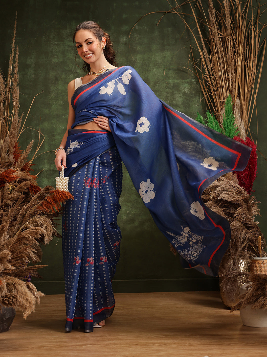 Hiral Fashion Navy Blue Bollywood Cotton Tissue Floral Digital Printed Saree | Swadesiicart