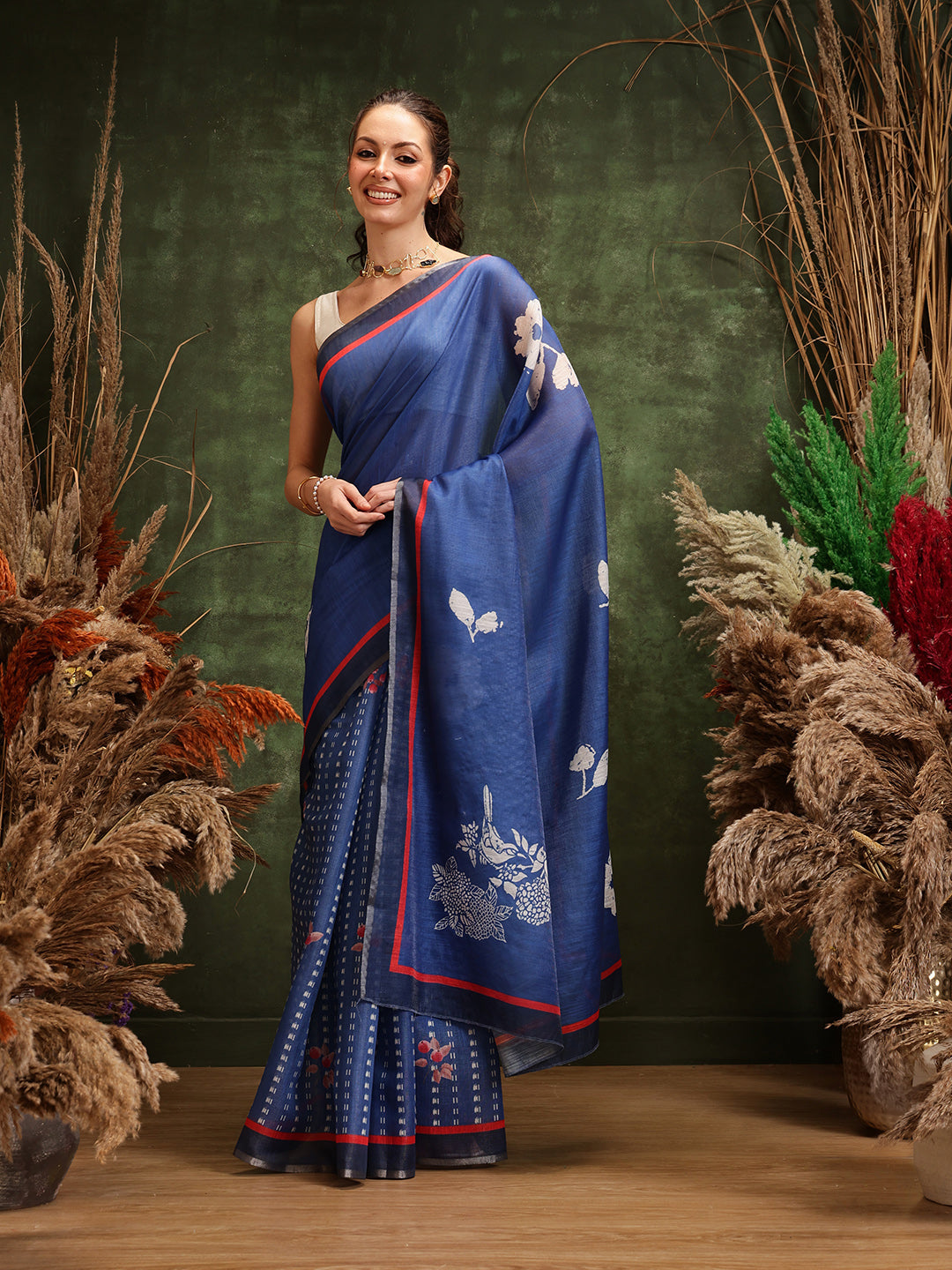 Hiral Fashion Navy Blue Bollywood Cotton Tissue Floral Digital Printed Saree | Swadesiicart