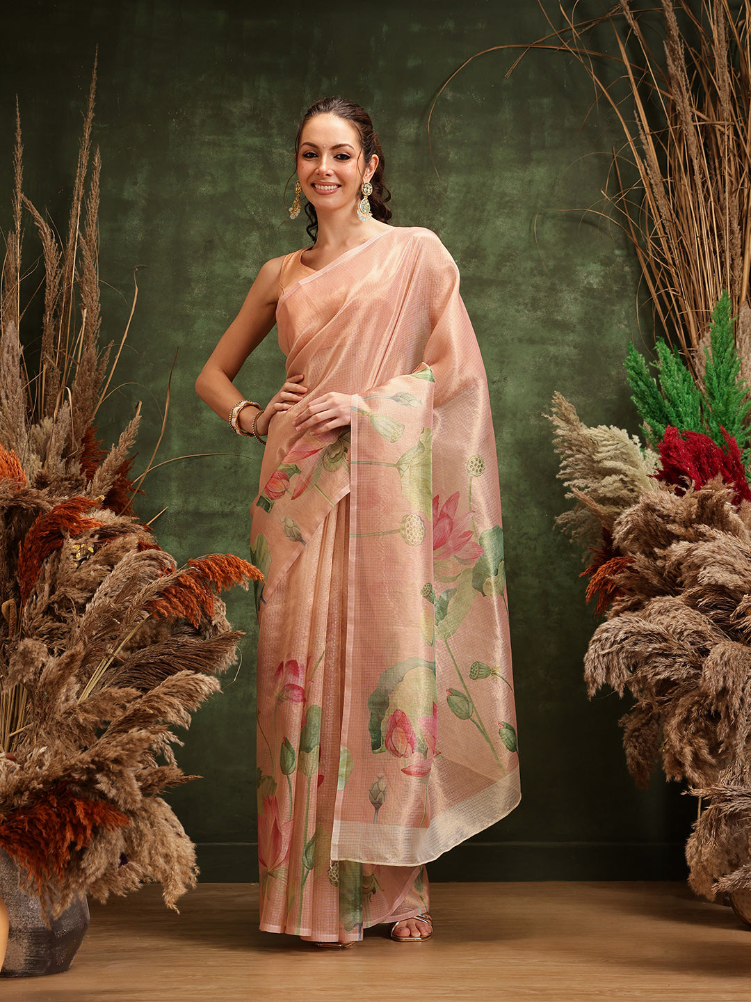 Hiral Fashion Peach Bollywood Cotton Tissue Floral Digital Printed Saree | Swadesiicart