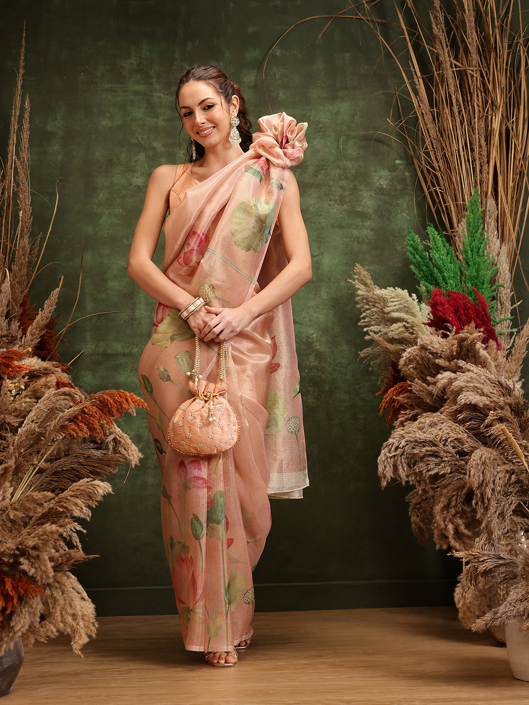Hiral Fashion Peach Bollywood Cotton Tissue Floral Digital Printed Saree | Swadesiicart