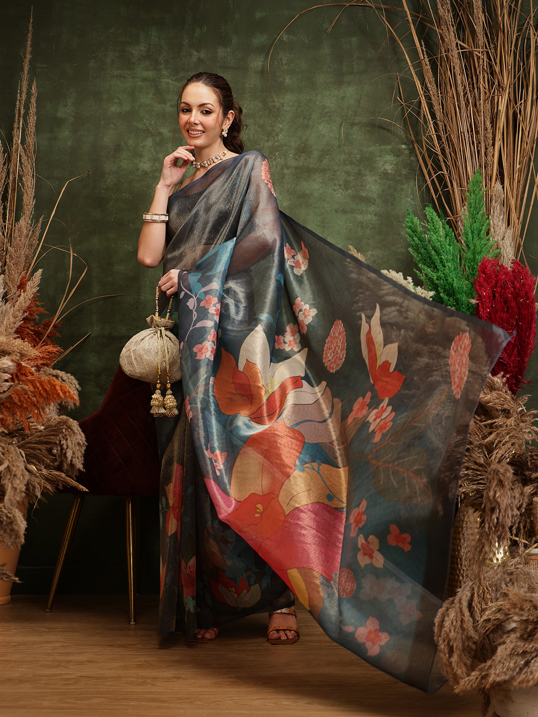 Hiral Fashion Teal Bollywood Cotton Tissue Floral Digital Printed Saree | Swadesiicart