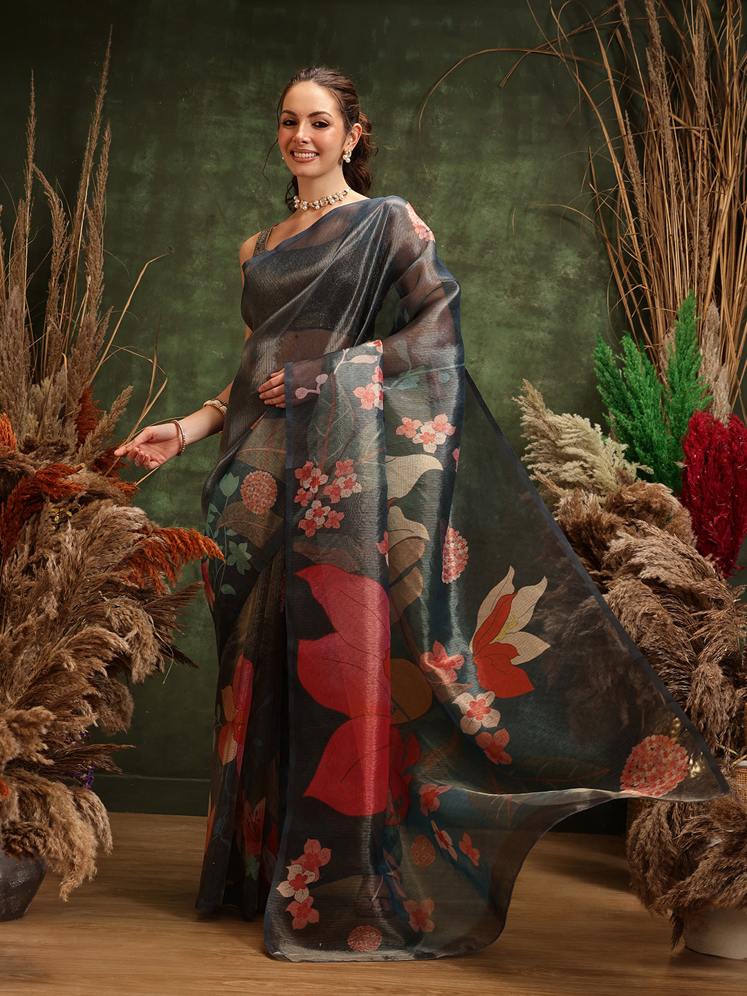 Hiral Fashion Teal Bollywood Cotton Tissue Floral Digital Printed Saree | Swadesiicart