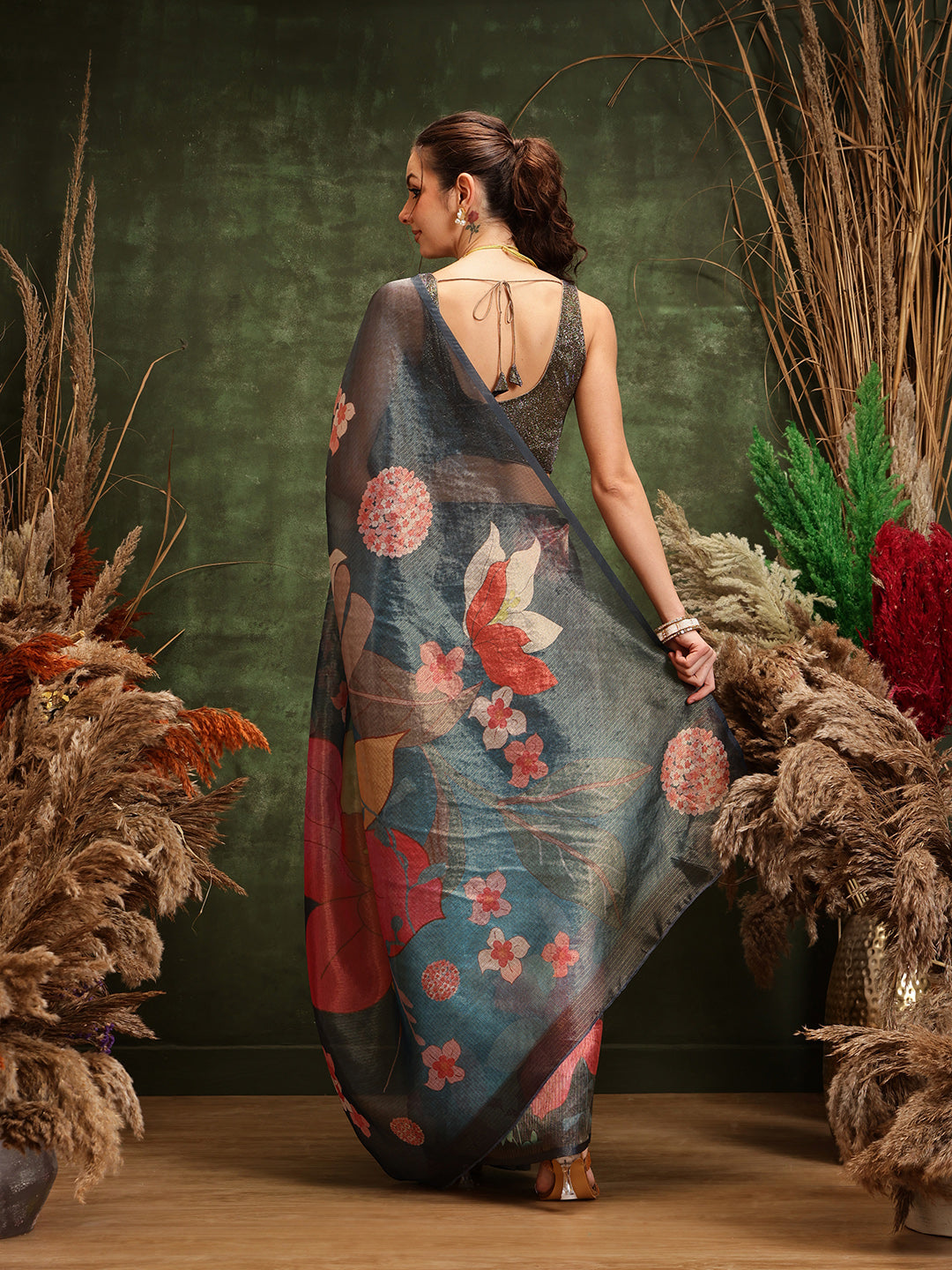 Hiral Fashion Teal Bollywood Cotton Tissue Floral Digital Printed Saree | Swadesiicart