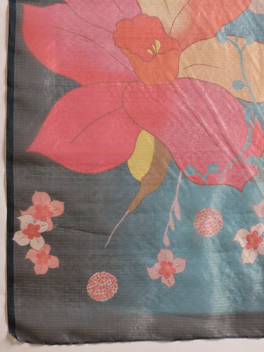 Hiral Fashion Teal Bollywood Cotton Tissue Floral Digital Printed Saree | Swadesiicart