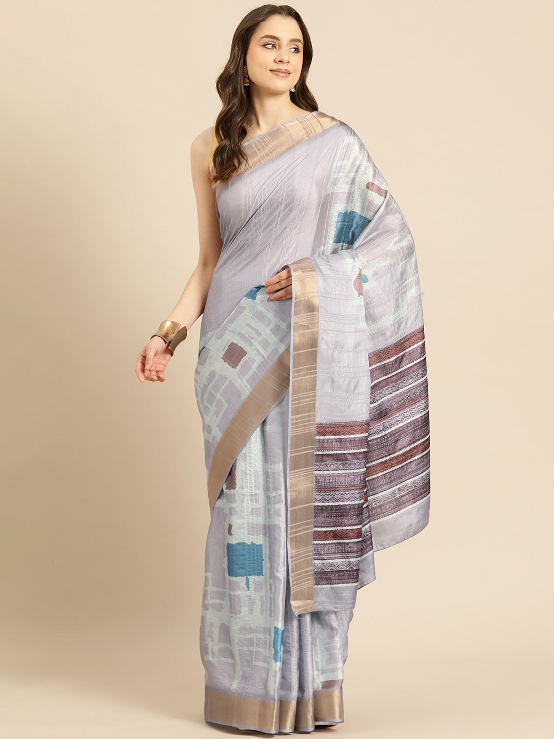 Lavender Silk Blend Printed Geomatric Saree with Unstitched Blouse - Hiral Fashion | Swadesiicart