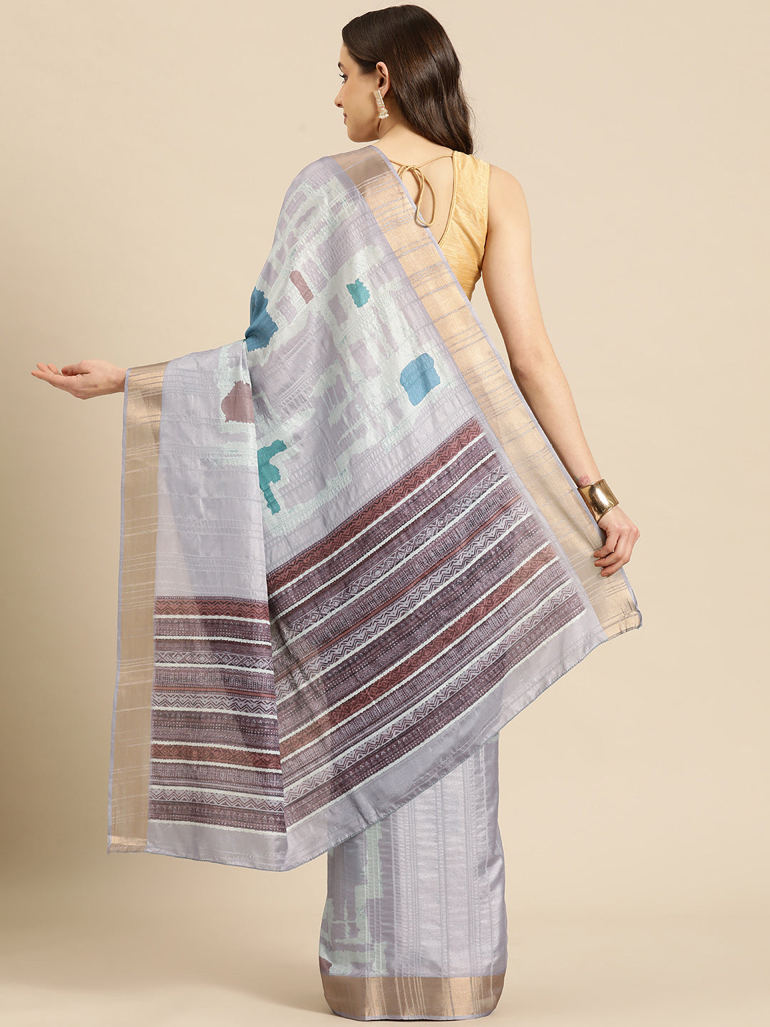 Lavender Silk Blend Printed Geomatric Saree with Unstitched Blouse - Hiral Fashion | Swadesiicart