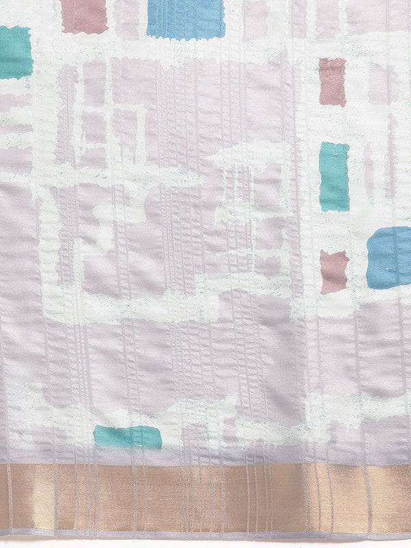 Lavender Silk Blend Printed Geomatric Saree with Unstitched Blouse - Hiral Fashion | Swadesiicart
