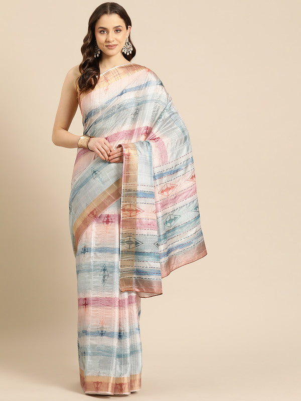 Multicolor Silk Blend Printed Geomatric Saree with Unstitched Blouse - Hiral Fashion | Swadesiicart