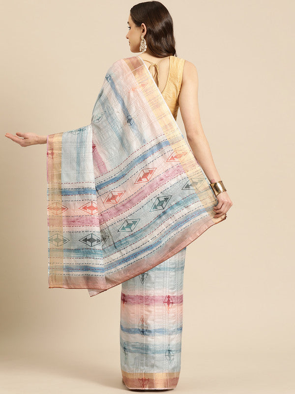 Multicolor Silk Blend Printed Geomatric Saree with Unstitched Blouse - Hiral Fashion | Swadesiicart