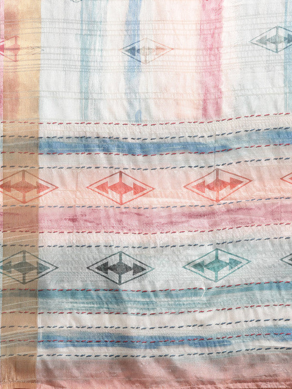 Multicolor Silk Blend Printed Geomatric Saree with Unstitched Blouse - Hiral Fashion | Swadesiicart