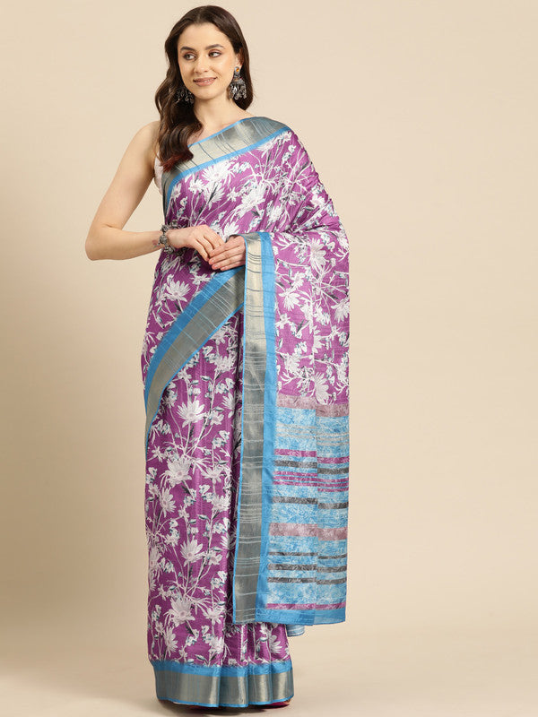 Purple Silk Blend Digital Print Floral Saree with Unstitched Blouse - Hiral Fashion | Swadesiicart