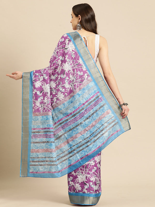 Purple Silk Blend Digital Print Floral Saree with Unstitched Blouse - Hiral Fashion | Swadesiicart