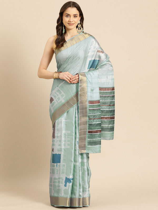 Turquoise Silk Blend Printed Geomatric Saree with Unstitched Blouse - Hiral Fashion | Swadesiicart