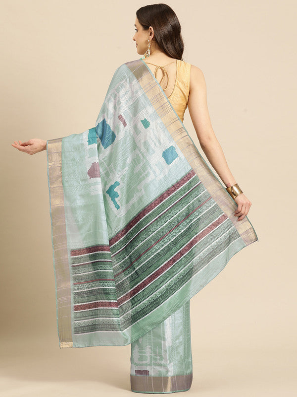 Turquoise Silk Blend Printed Geomatric Saree with Unstitched Blouse - Hiral Fashion | Swadesiicart